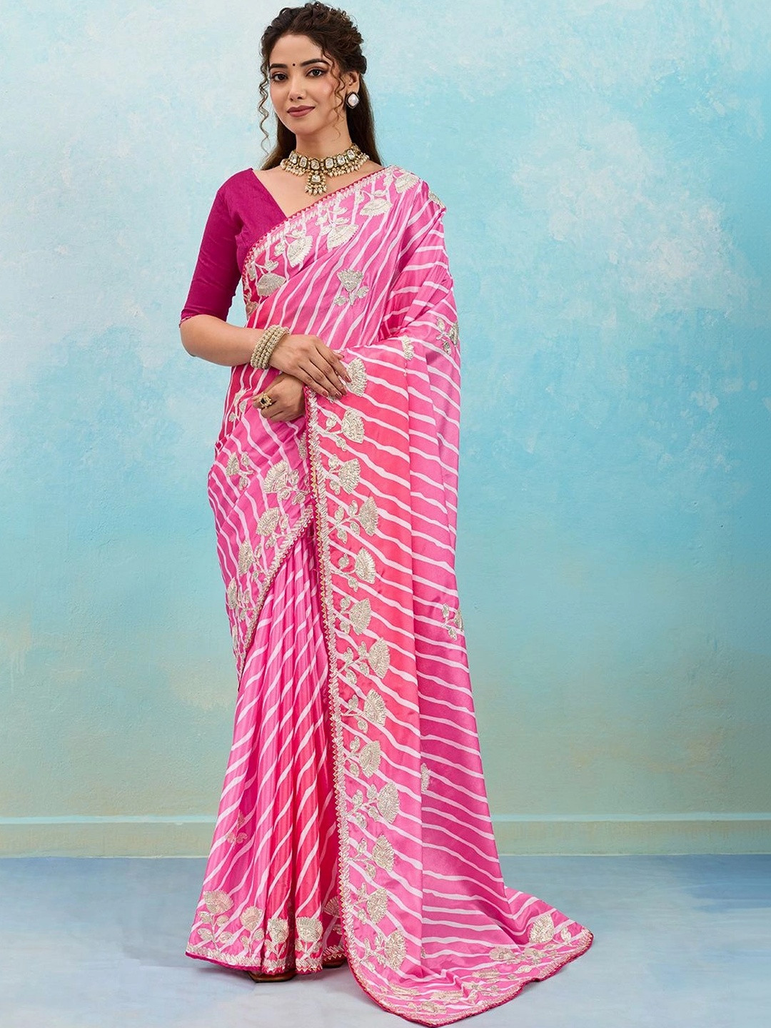 KCPC BANDHANI Ethnic Motifs Embroidered Satin Leheriya Saree