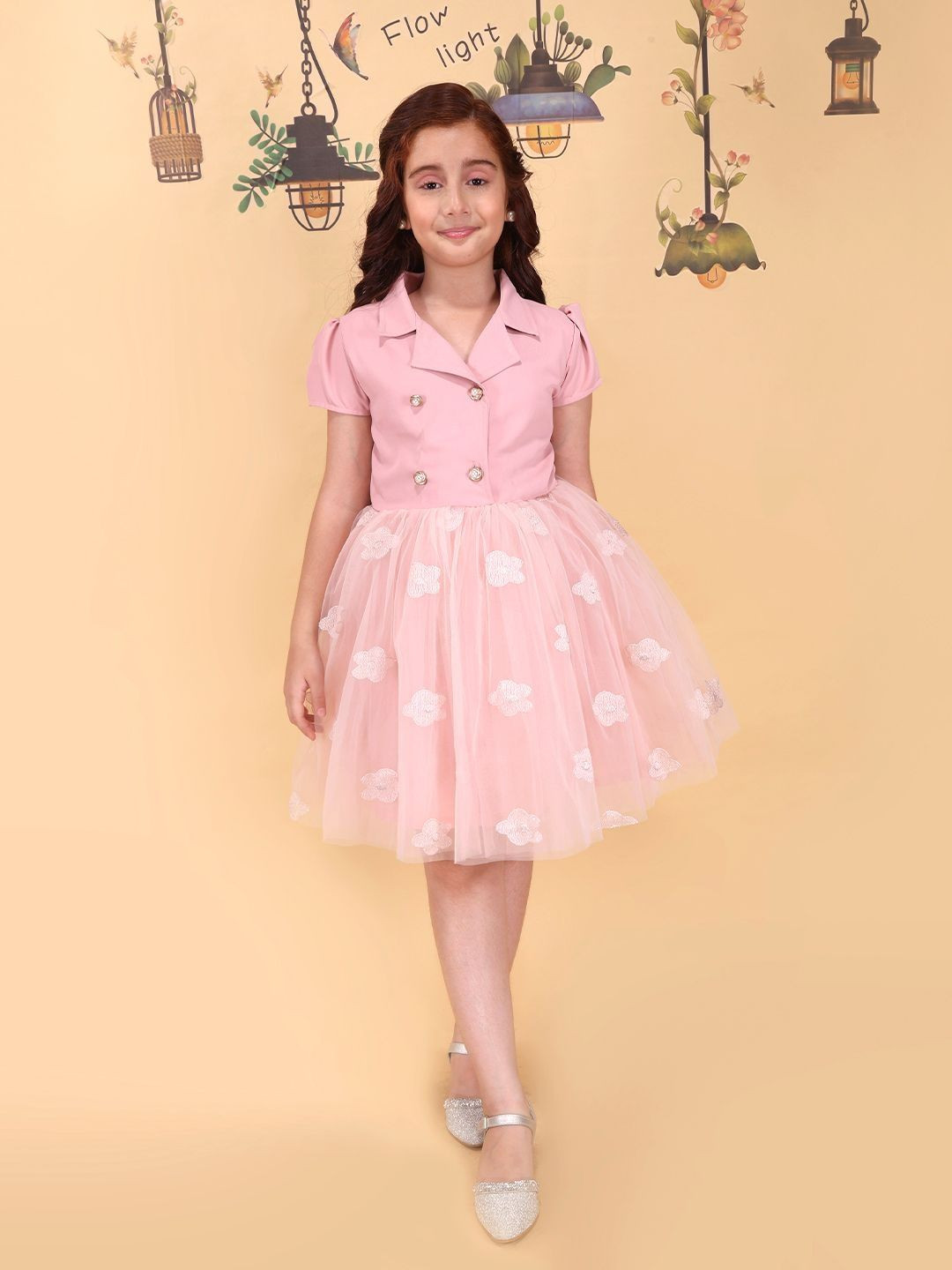 CUTECUMBER Girls Dustypink Floral Embroidered Net Fit & Flare Party Dress