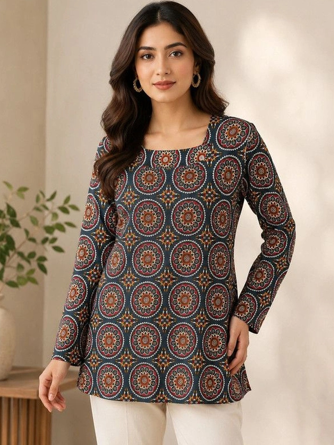 NG NIROMIKA Geometric Printed Square Neck Kurti