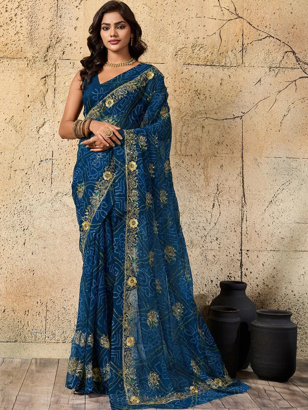 KCPC BANDHANI Women Blue Sarees