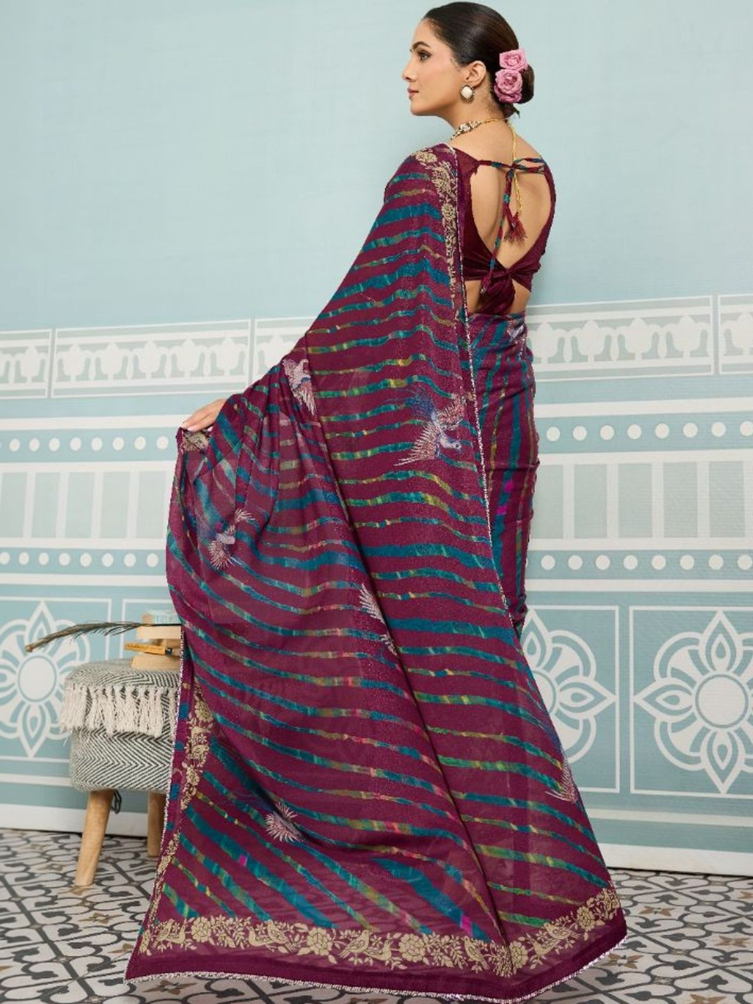 Sedora Couture Striped Embroidered Poly Georgette Saree