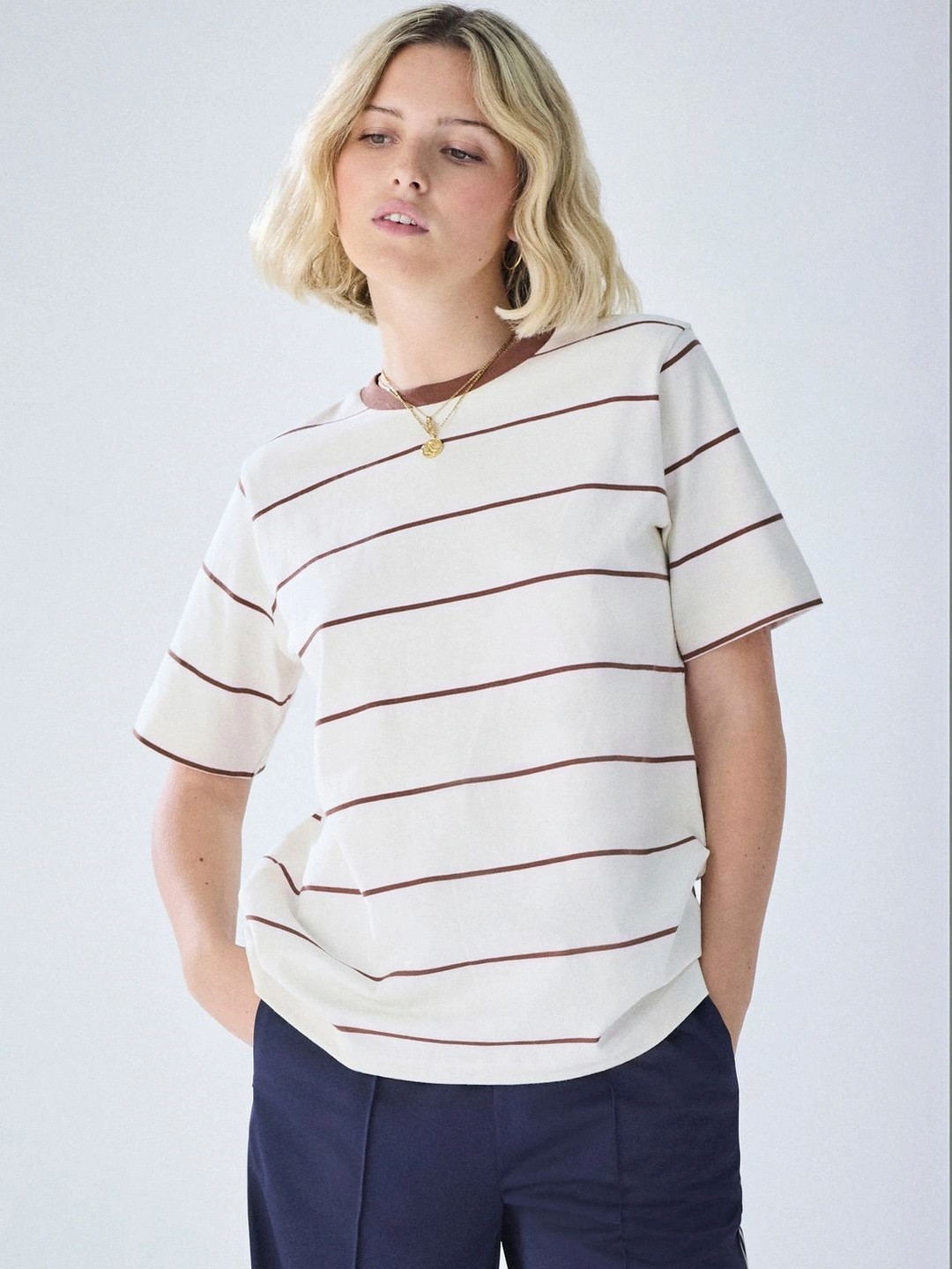 NEXT Striped Drop-Shoulder Sleeves Pure Cotton Relaxed Fit T-shirt
