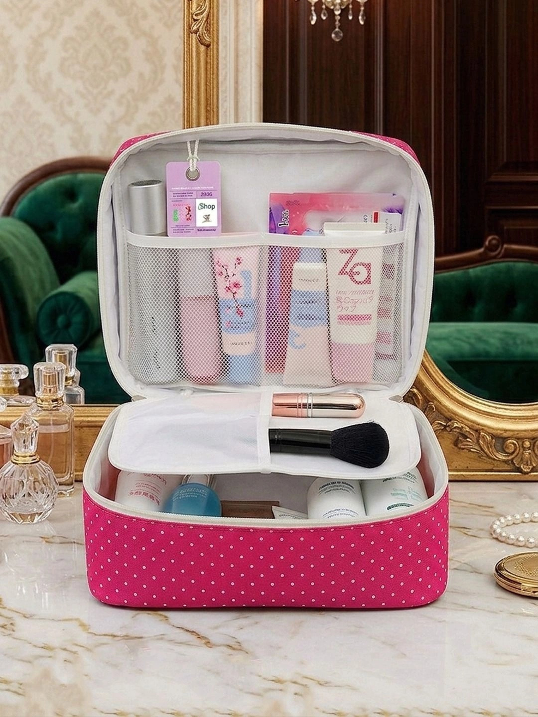 atorakushon Pink & White Printed Makeup Storage Bag Jewellery Organisers