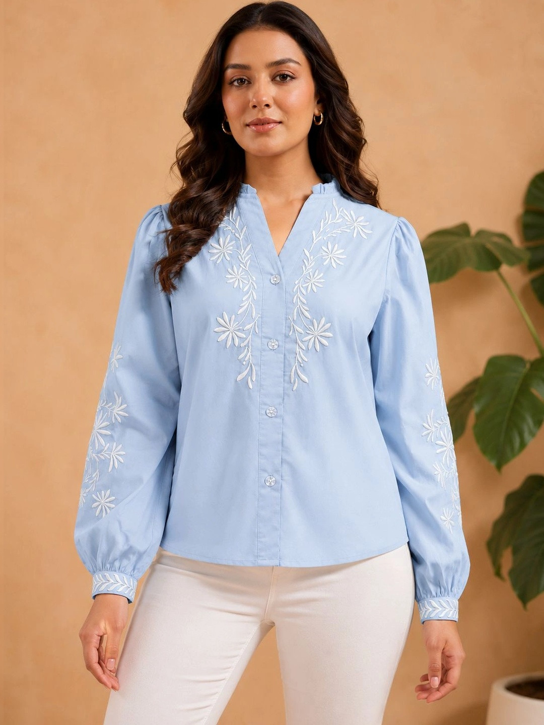 BEVOLKEN Women Embroidered Comfort Floral Cotton Casual Shirt