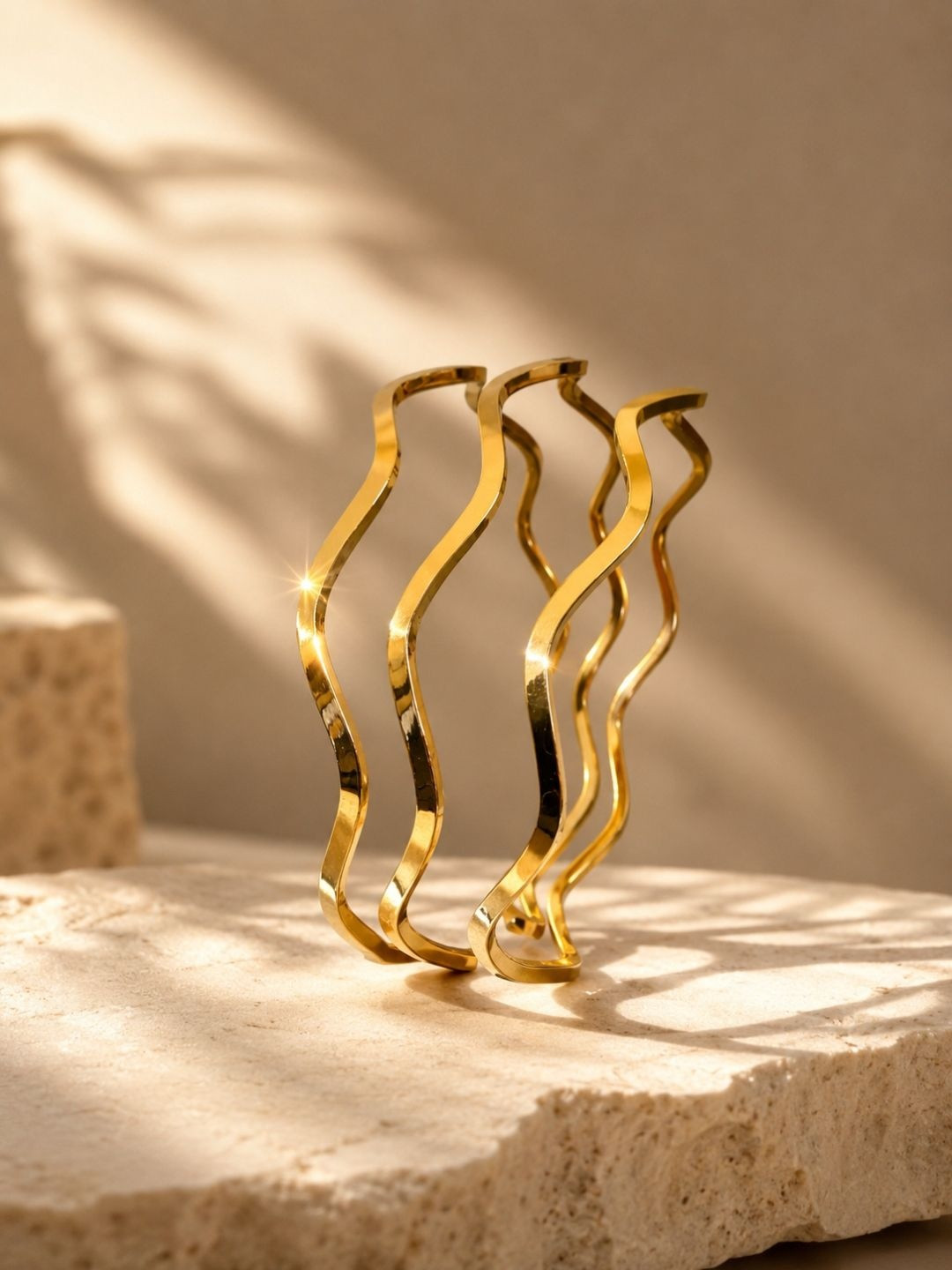 RaasRani Set of 3 18K Gold Plated Wave Anti Tarnish Stainless Steel Bangles