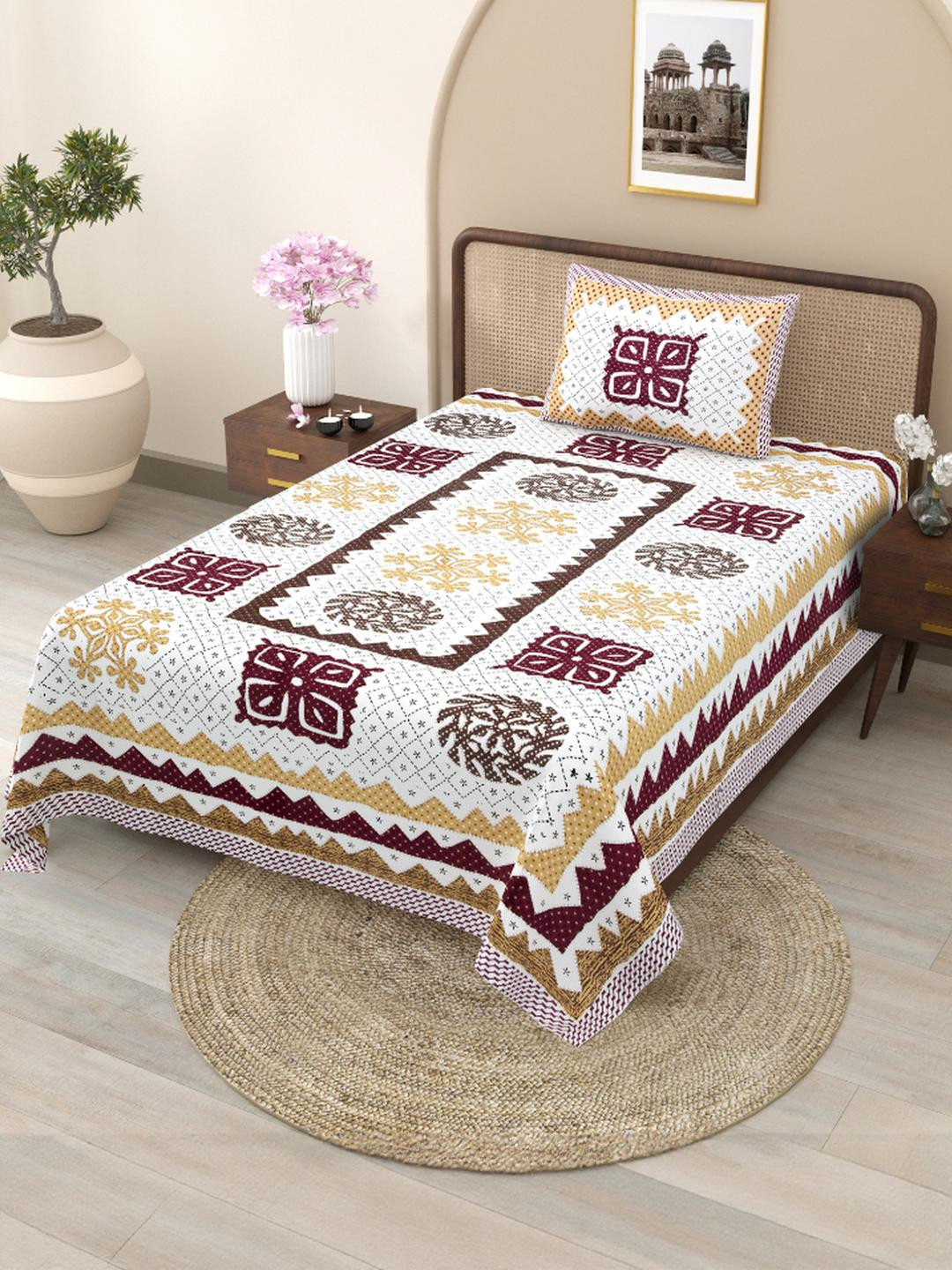Shubastik Printed 210 TC Pure Cotton Single Bed Bedsheet With 1 Pillow Cover -1.52 X 2.28m