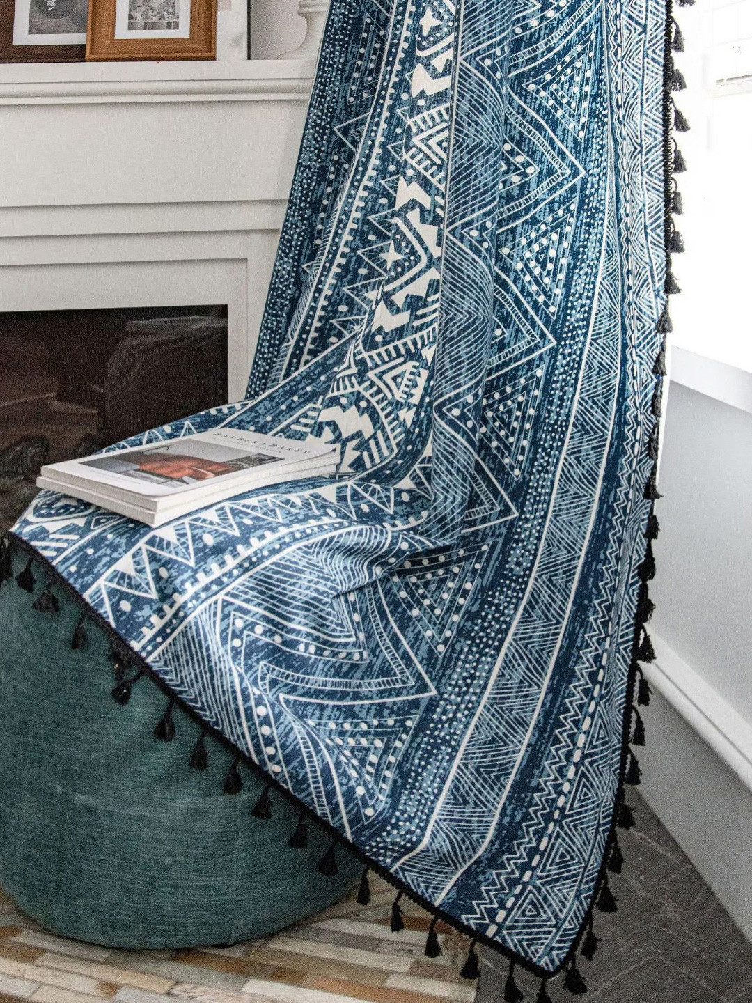 Huesland Blue & White Floral Printed Cotton Room Darkening Window Curtain - 6x4 ft