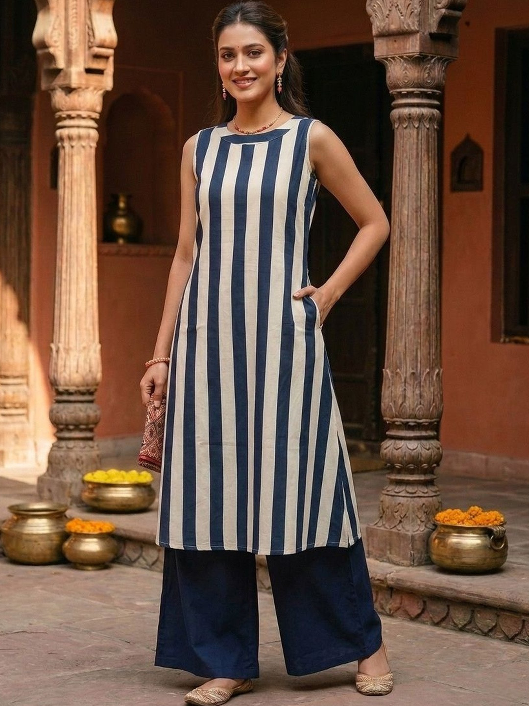 BASABI Women Striped Round Neck Regular A-Line Pure Cotton Kurta with Palazzos