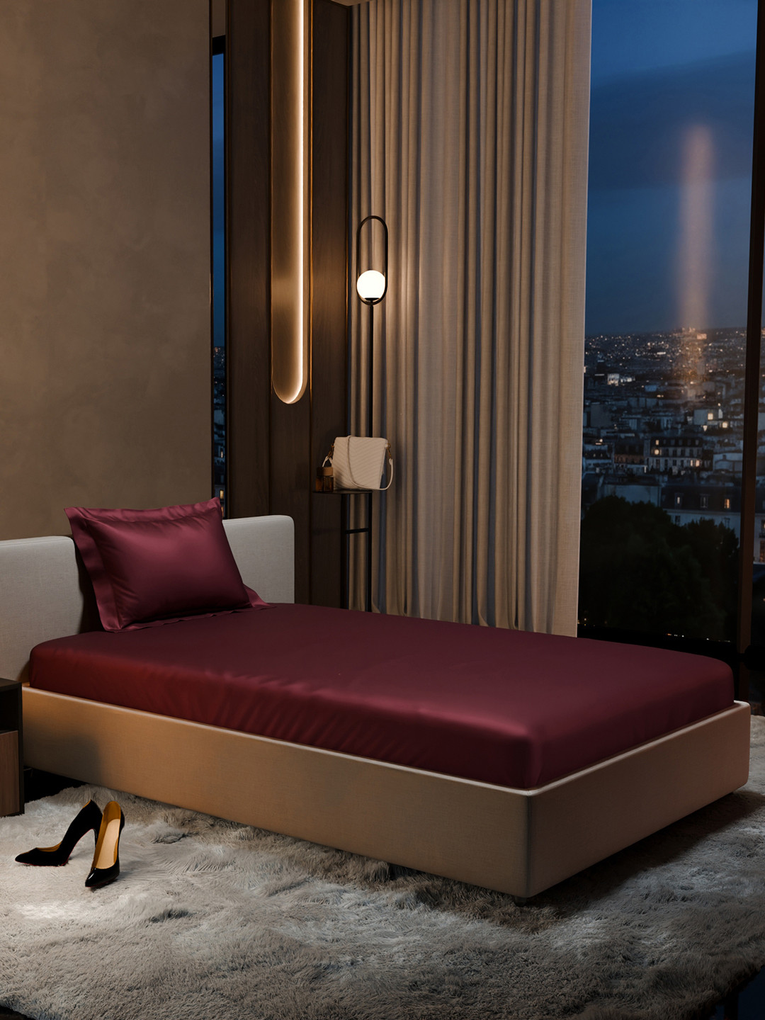 Stoa Paris Date Night Maroon Satin 300 TC Fitted Single Fine Bedsheet with a Pillow Cover-42 x 72 inches