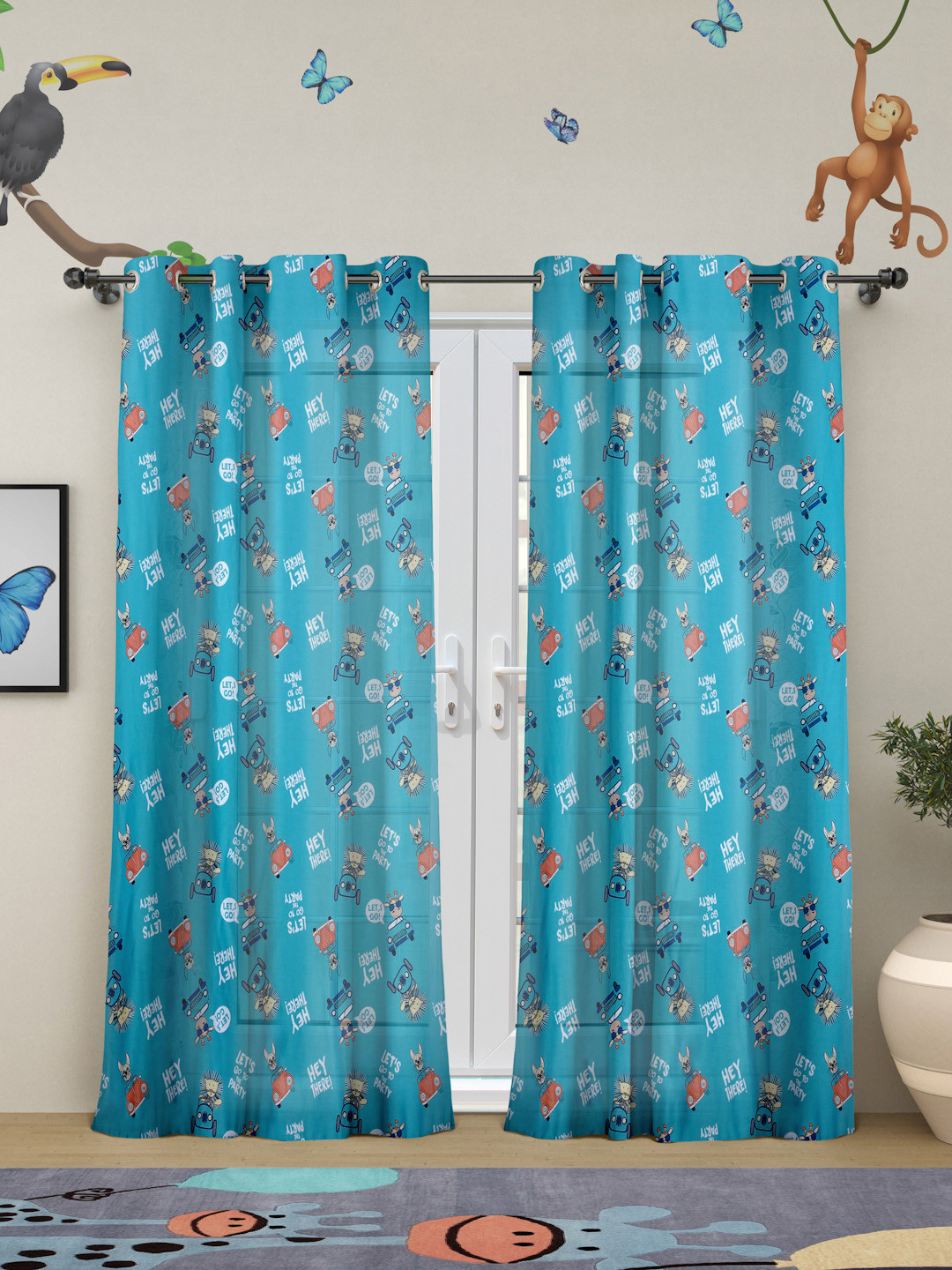 ROSARA HOME Blue Set of 2 Quirky Sheer Door Curtains