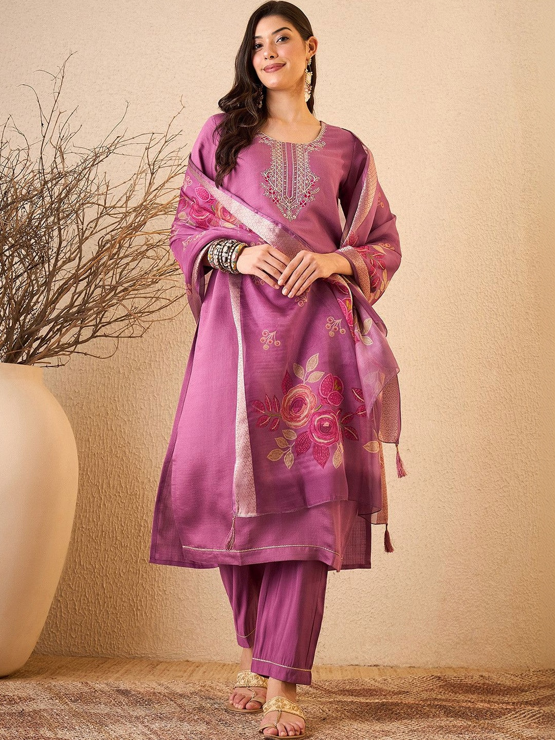 Royal Export Women Floral Embroidered Thread Work Kurta with Trousers & Dupatta