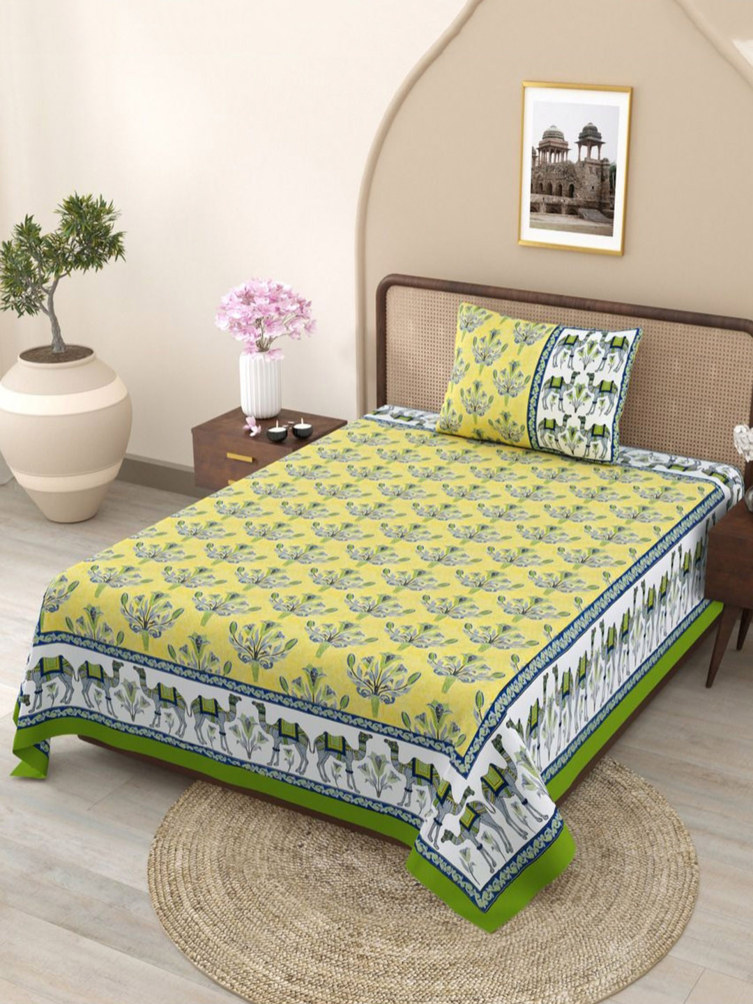 JAIPUR FABRIC Yellow & White Floral Single Bedsheet with 1 Pillow Covers