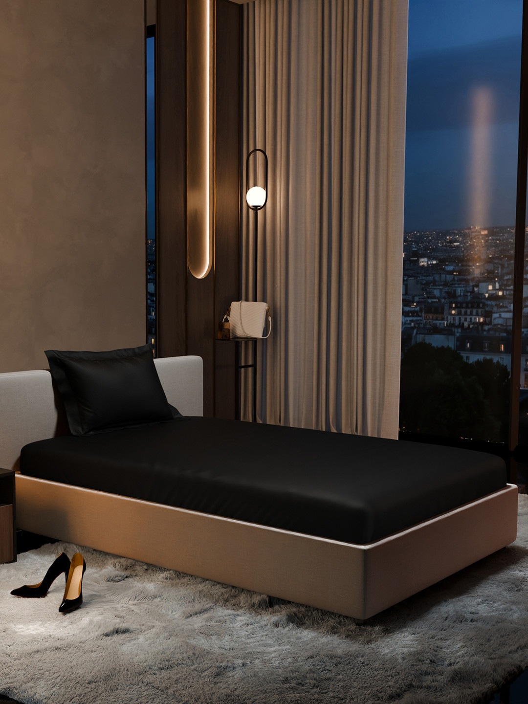 Stoa Paris Date Night Black Polyester 300 TC Fitted Single Fine Bedsheet with a Pillow Cover-42 x 72 inches