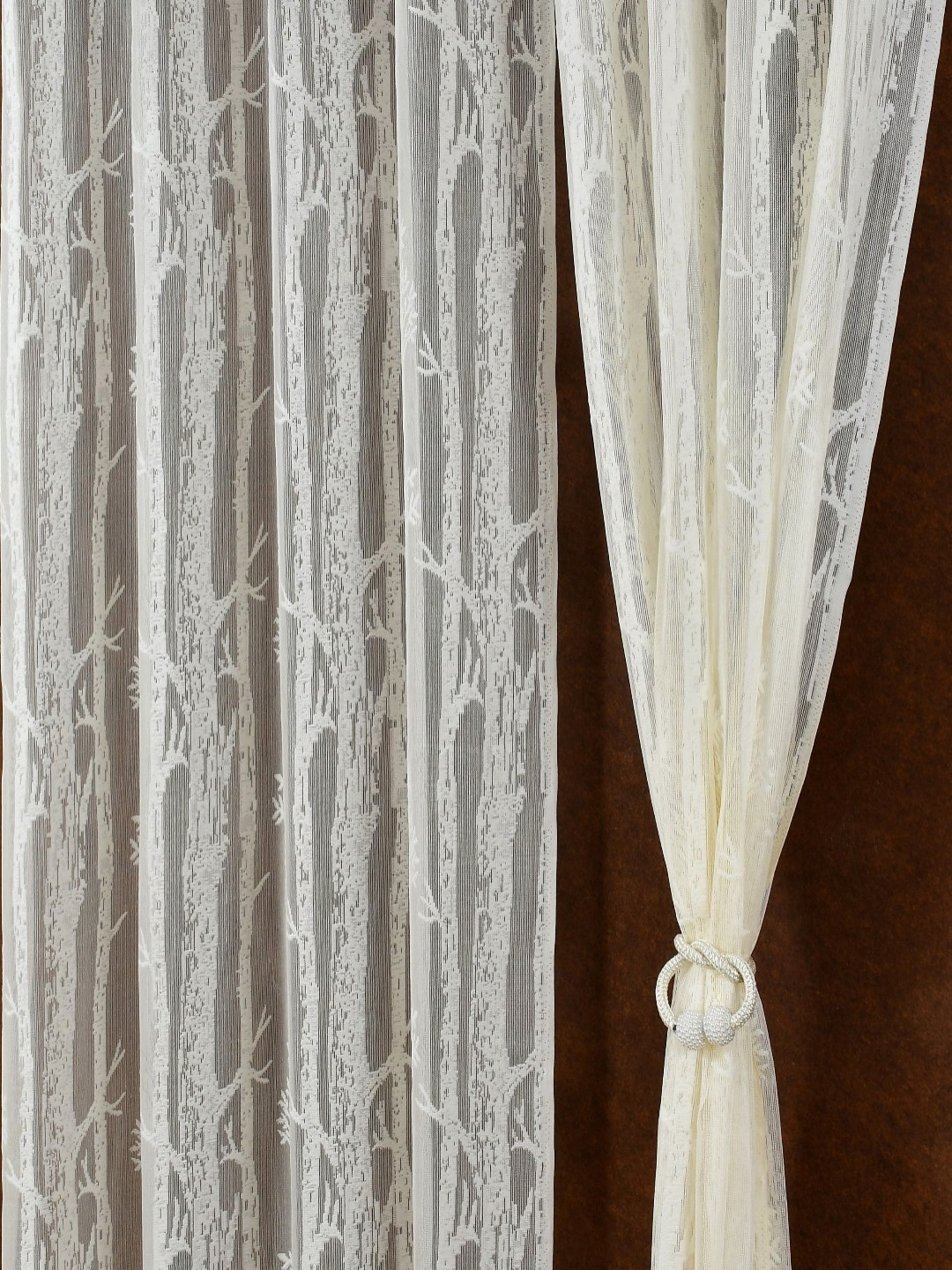 Aura Cream-Coloured Set of 2 Floral Sheer Window Curtain