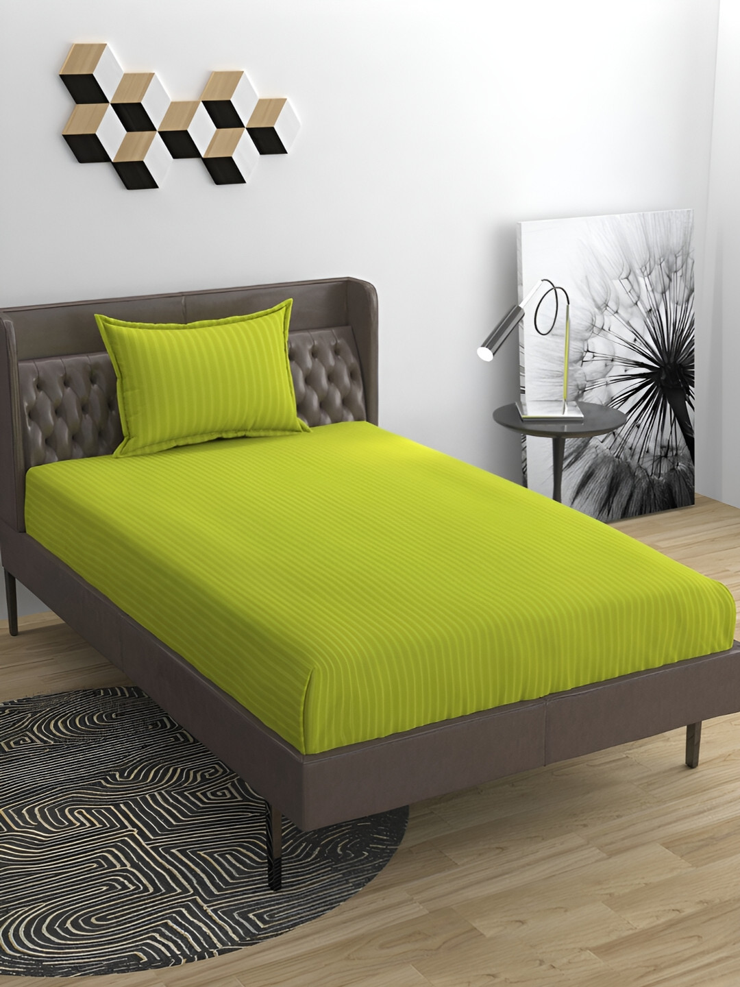 Bromwick Green Striped Cotton 210 TC Single Fine Bedsheet with a Pillow Cover-59 x 87 inches
