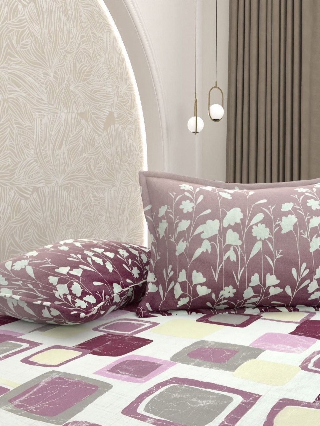 Pure Decor Purple Geometric Cotton Breathable 180TC Queen Fine Bedsheet with 2 Pillow Covers-90 x 100 inches