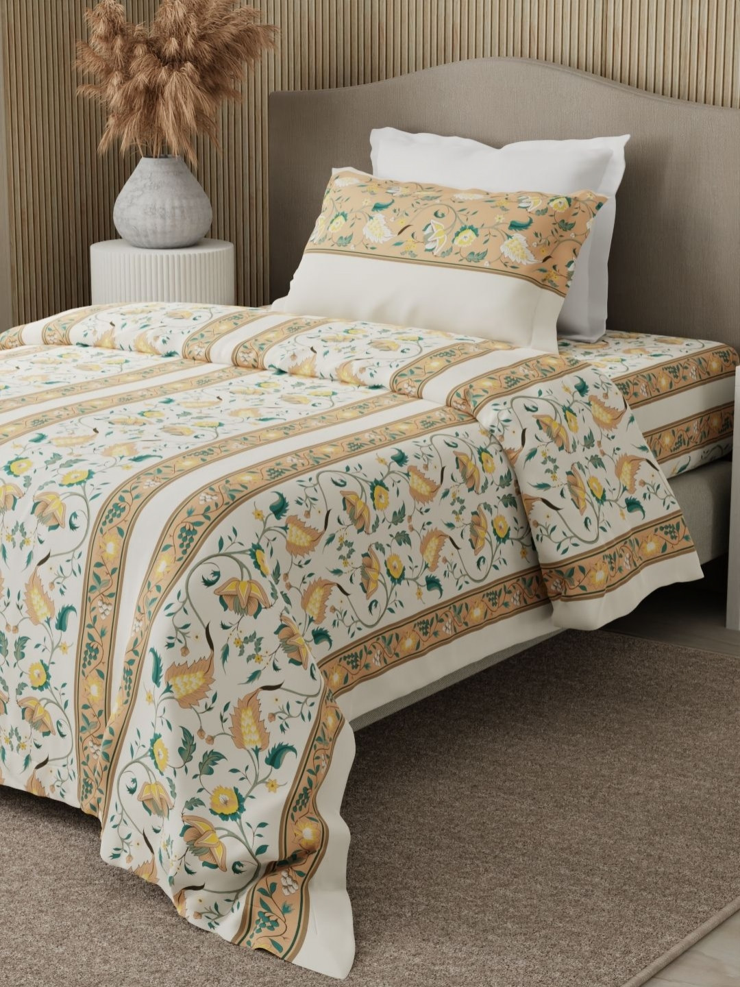 Boutique Living India Yellow & White Floral 200 TC Single Bedsheet with 2 Pillow Covers