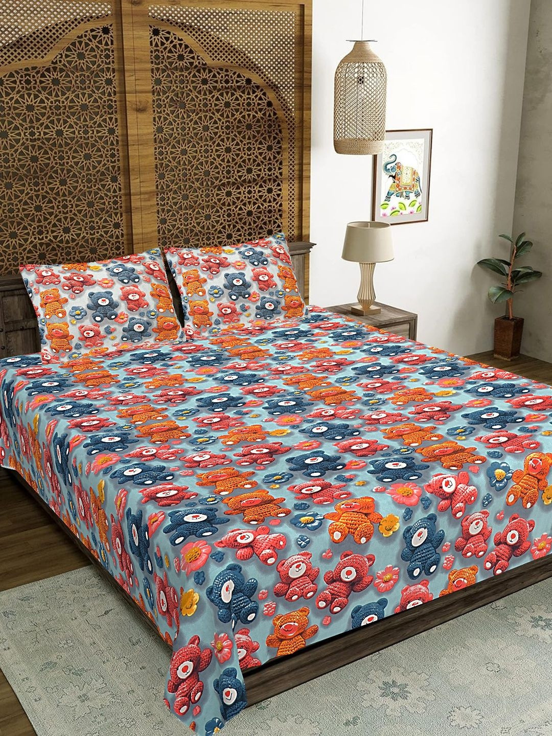 JAIPUR FABRIC Blue Conversational 144 TC Bedsheet with 2 Pillow Covers