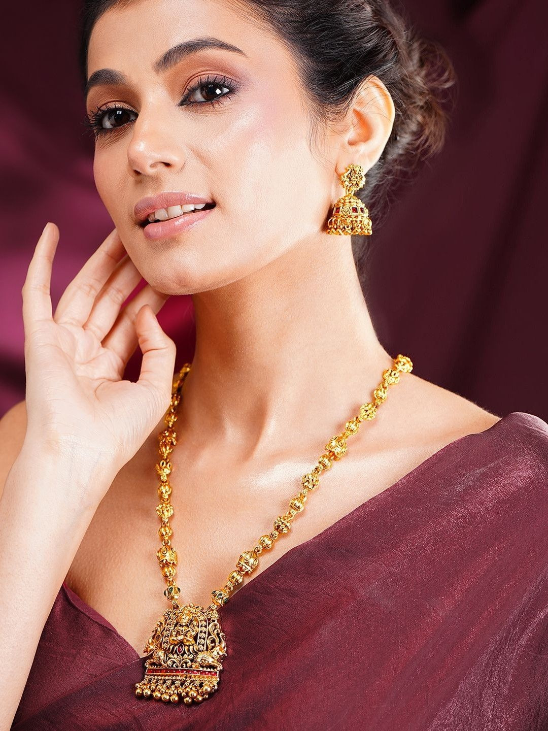 Rubans Women 22K Gold Plated Beaded Lakshmi Temple Pendant Necklace Set