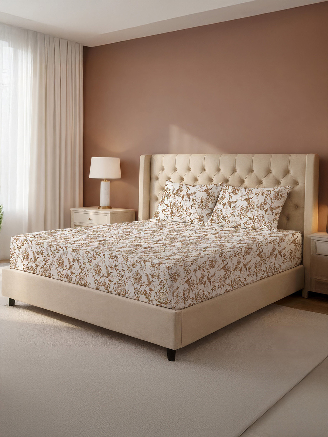 Nestasia White & Brown Floral 210 TC Queen Bedsheet with 2 Pillow Covers