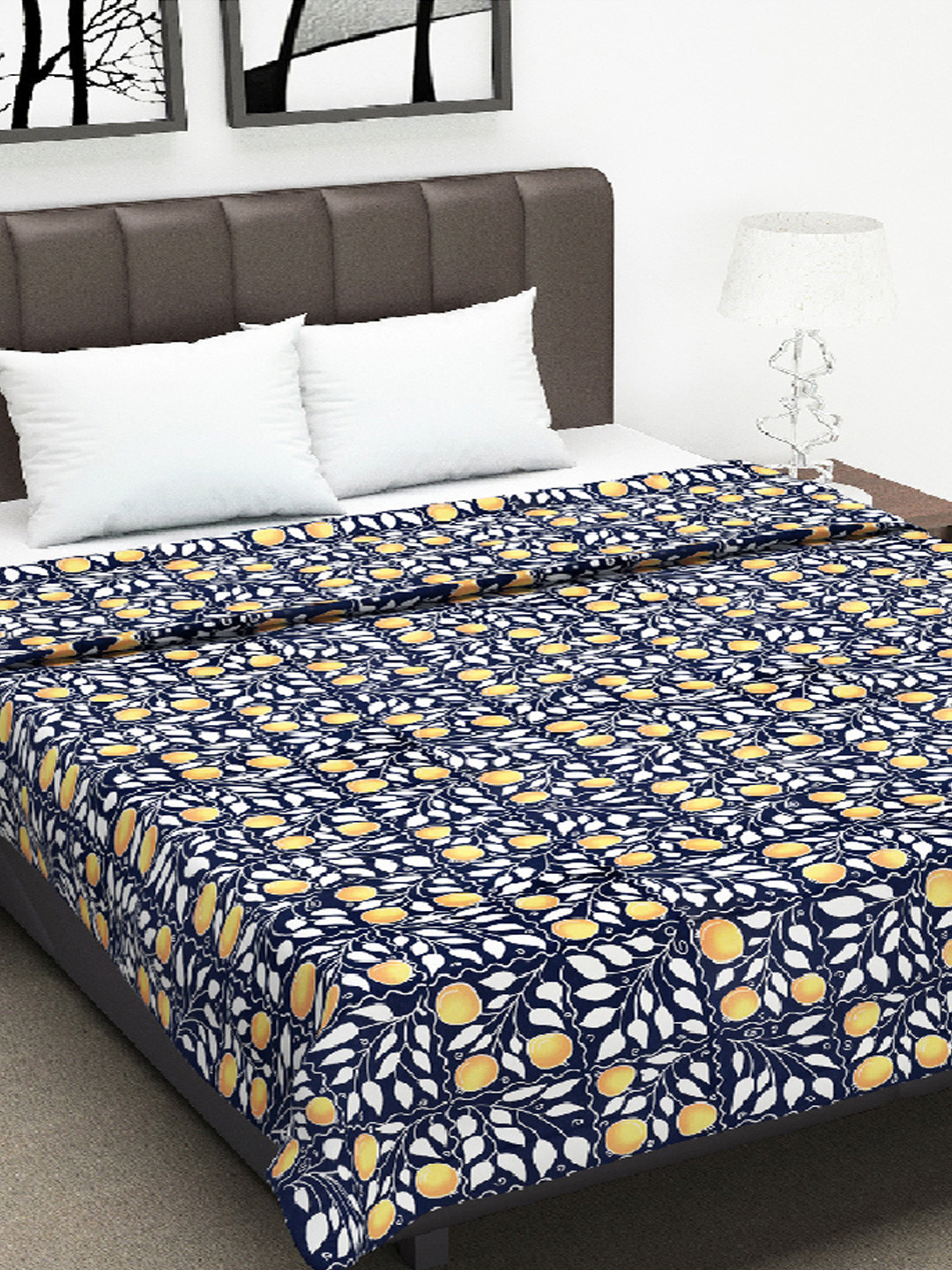 Divine Casa Navy & Orange Floral Cotton AC Room 120 GSM Double Bed Dohar Blanket