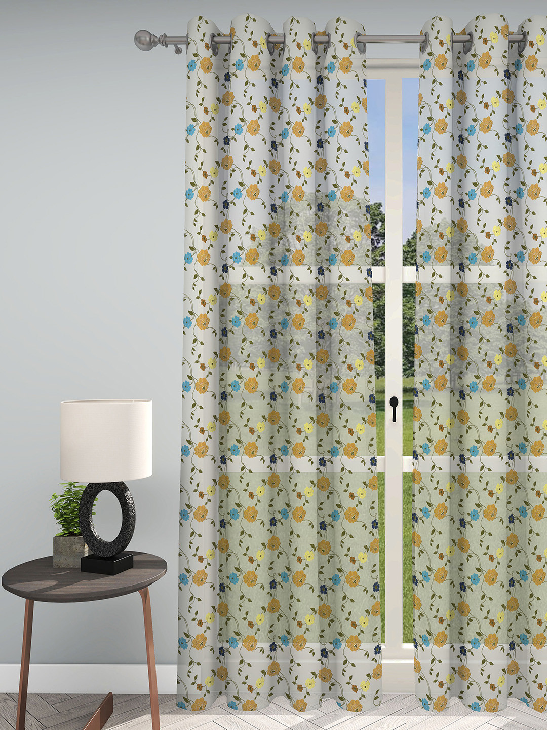GM Indulgence Off White & Blue Embroidered Sheer Door Curtain