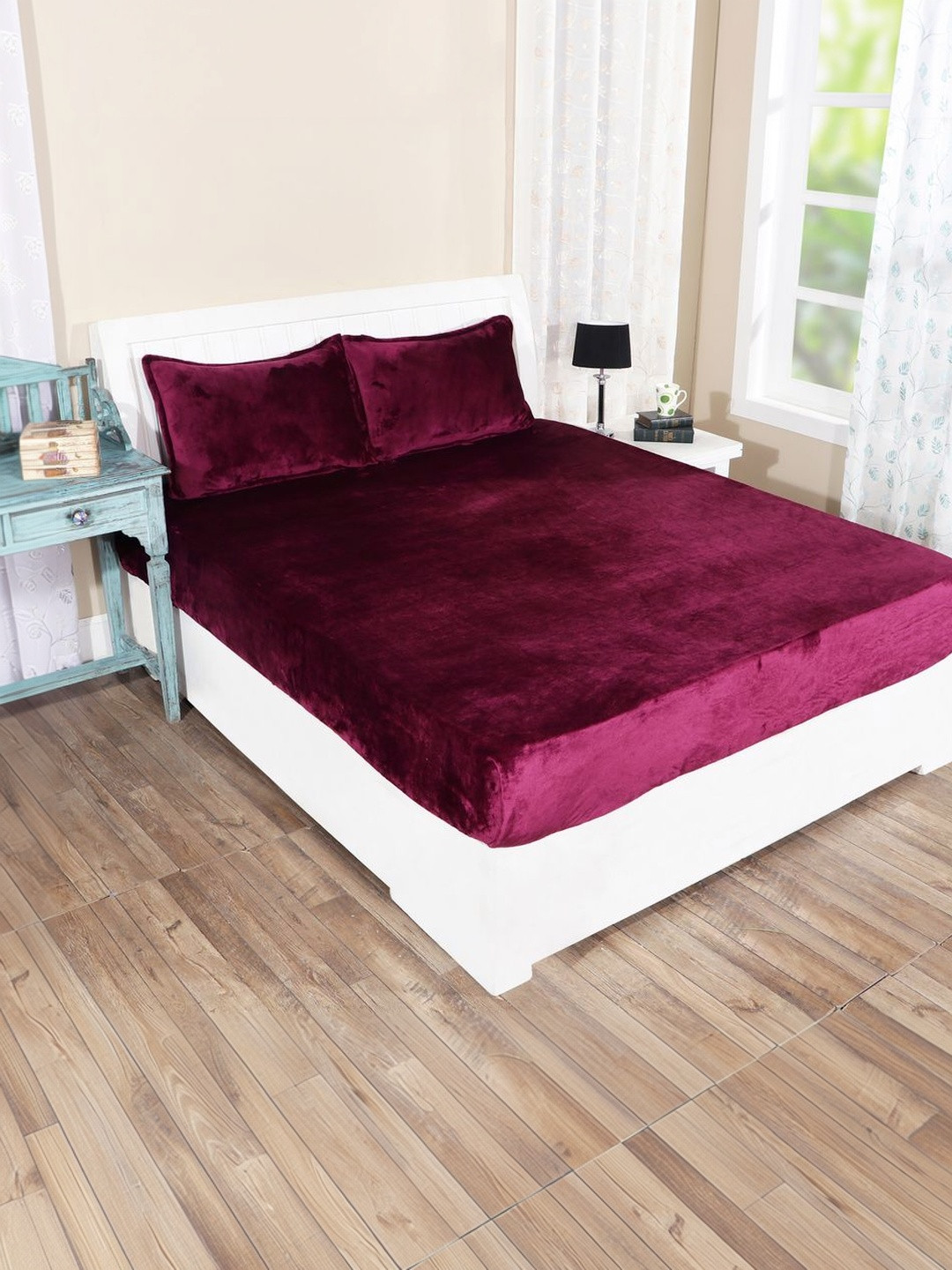 RD TREND Wine Woolen 300 TC Fitted King Size Bedsheet with 2 Pillow Covers 78x72x8 inch