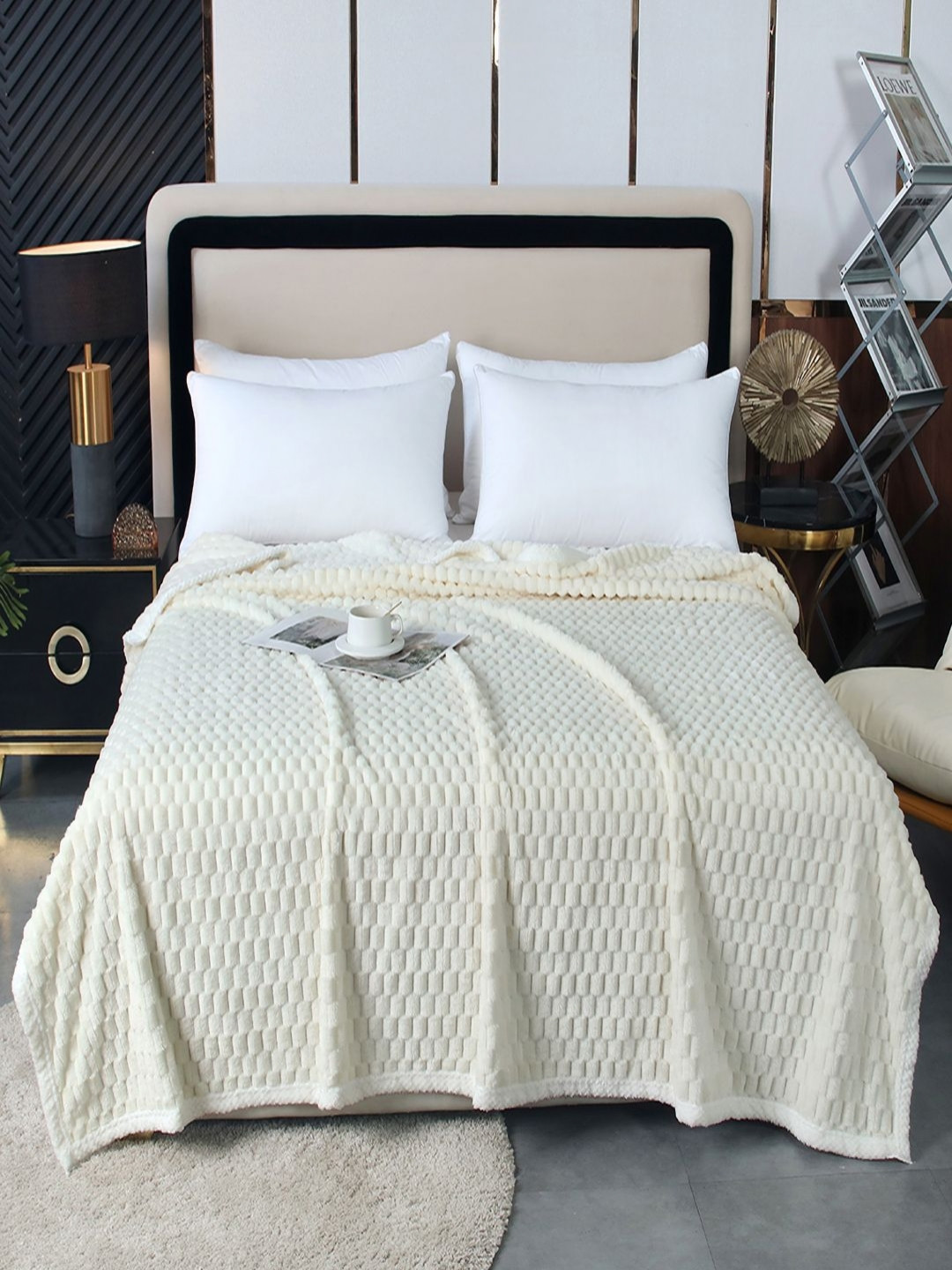 JC HOME White Geometric AC Room 300 GSM Single Bed Blanket