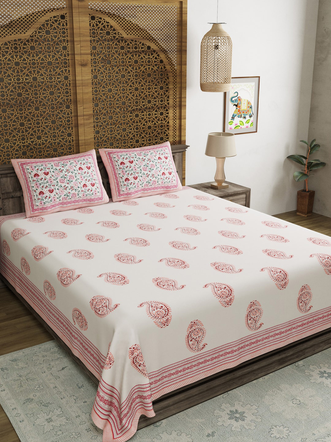 BLOCKS OF INDIA White Paisley Cotton 210 TC King Fine Bedsheet with 2 Pillow Covers-228 x 274 cm