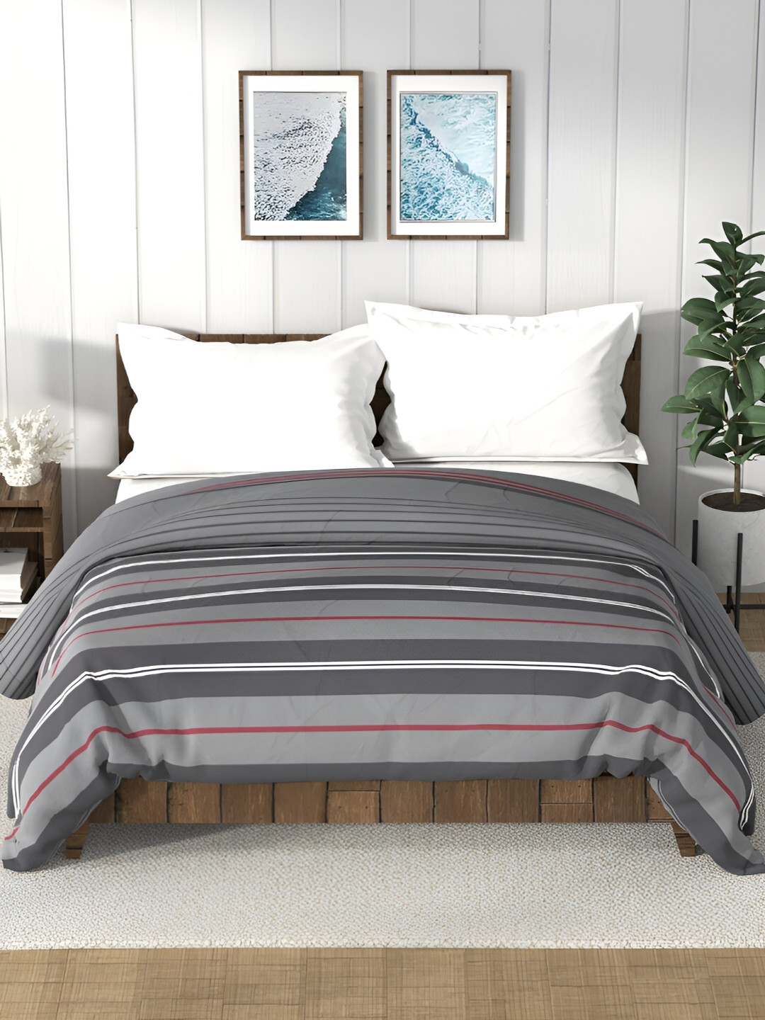 Nautica Bristol Grey & White Striped AC Room 150 GSM Double Bed Comforter