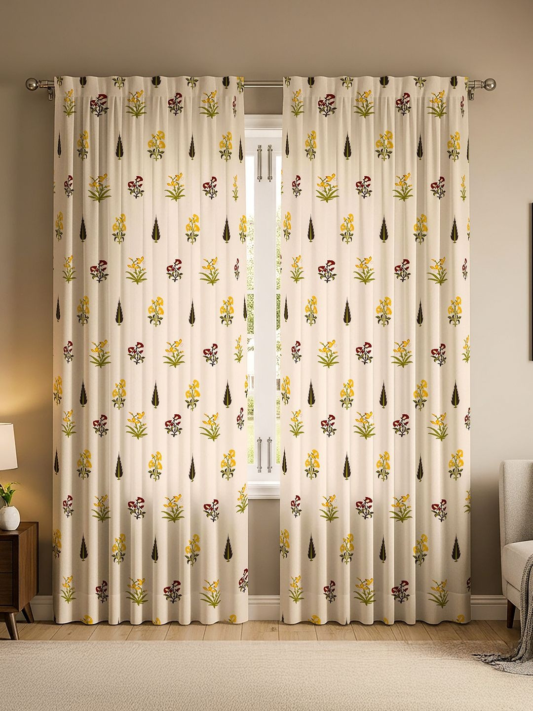 URBAN SPACE White & Yellow Set of 2 Floral Cotton Window Curtain