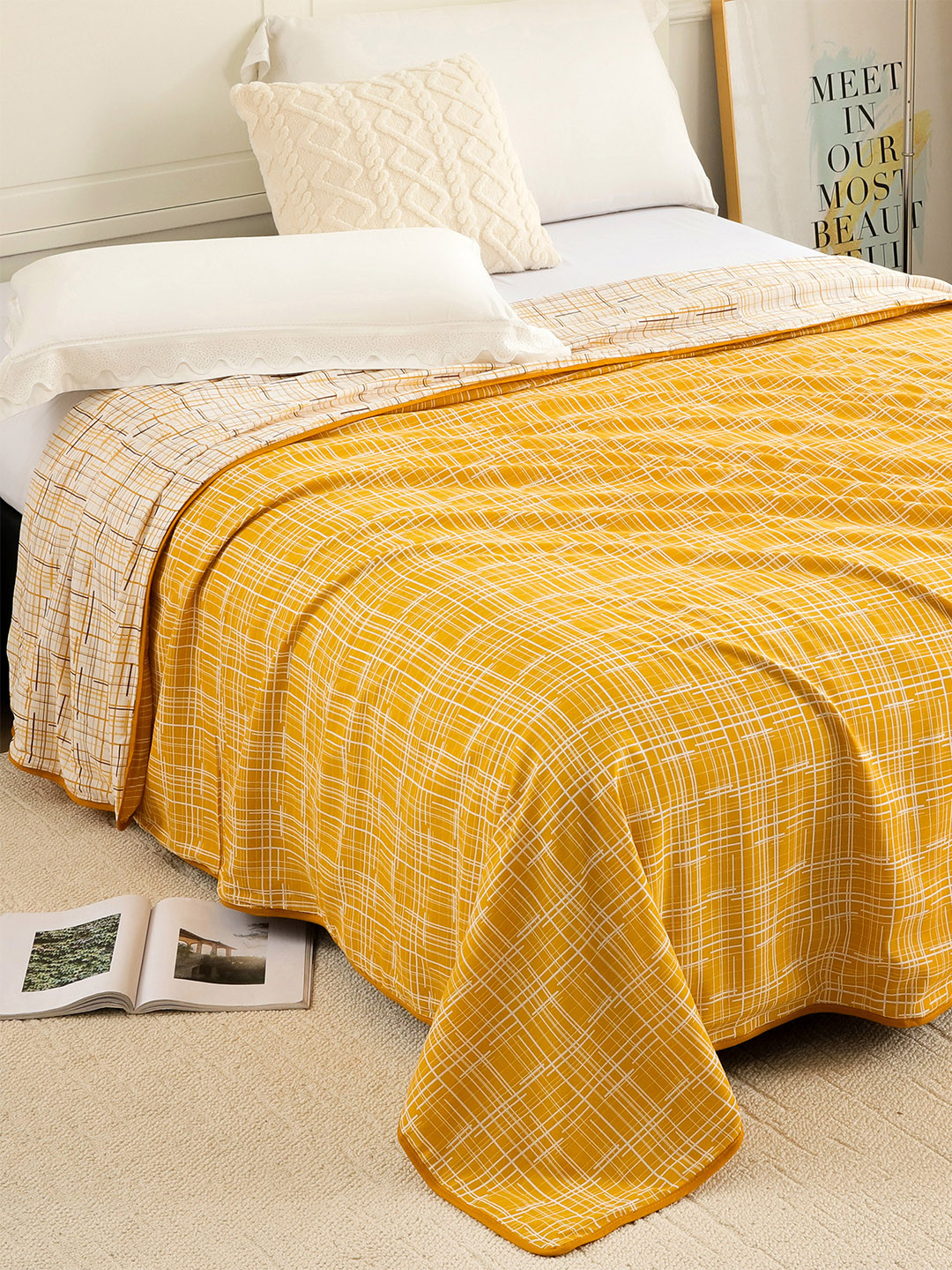Story@home White & Yellow Striped AC Room 150 GSM Reversible Cotton Single Bed Dohar