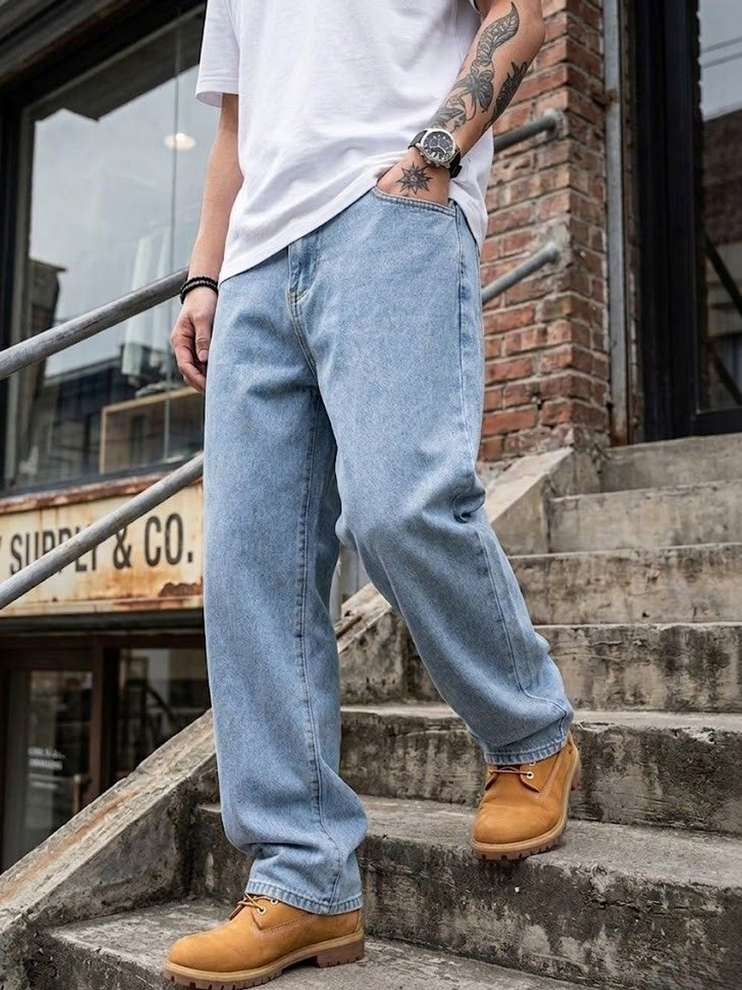 WOOMNY Men Wide Leg Mid-Rise Jeans