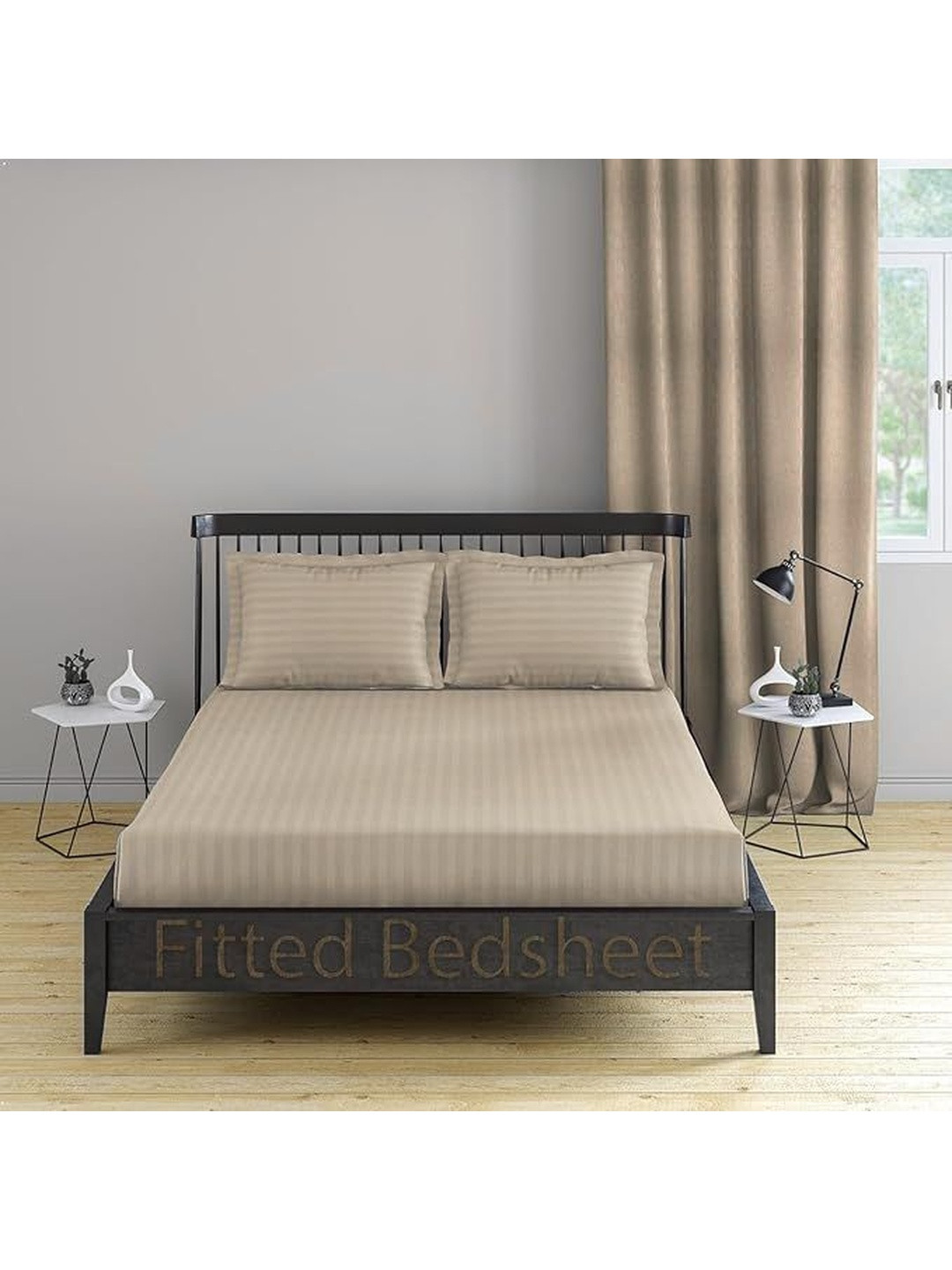 LUZDECOR Beige & Beige Striped Bedsheet with 2 Pillow Covers