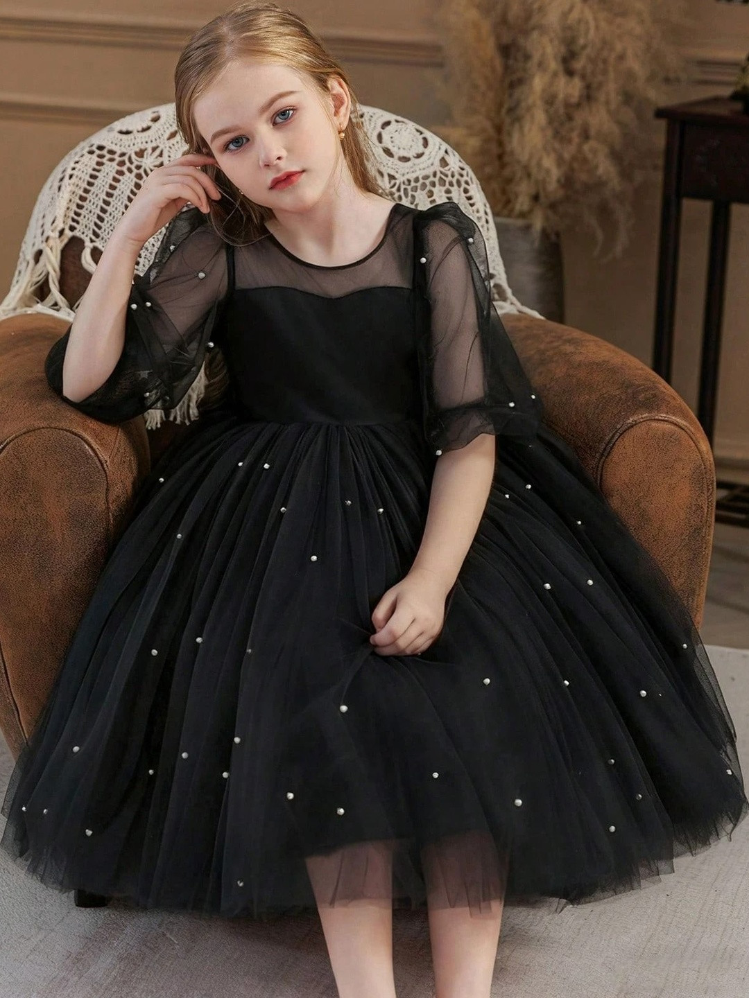 SHUBH BELLA Embellished Puff Sleeve Ruffled Net A-Line Dress
