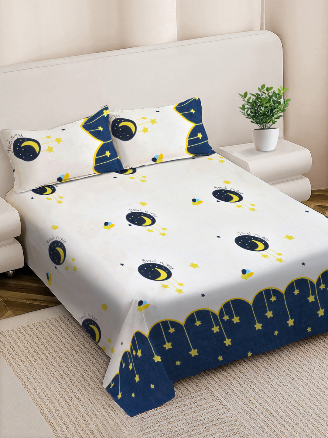 Myntra Elegant Homes White Graphic Polycotton 300 TC King Fine Bedsheet with 2 Pillow Covers-98 x 89 inches