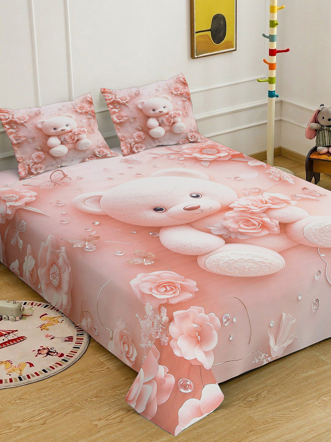 Pink Cartoon Printed Fitted 7D 400 TC Double King Bedsheet With 2 Pillow Cover