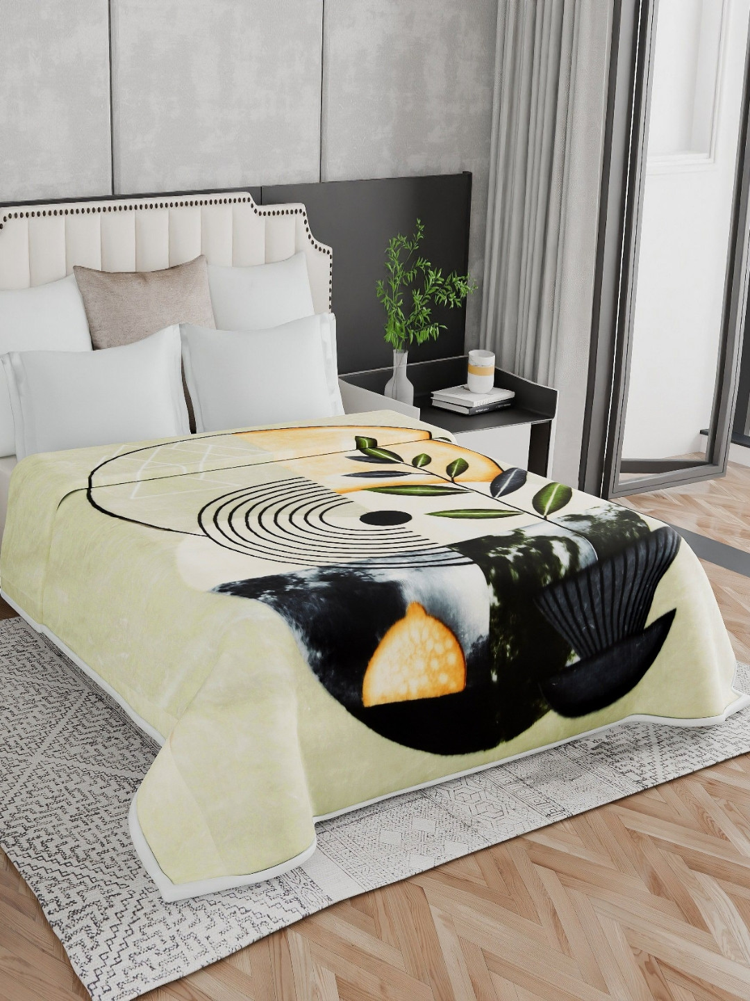 Signature kautilya Beige & Black Floral Mink Heavy Winter Double Bed Blanket