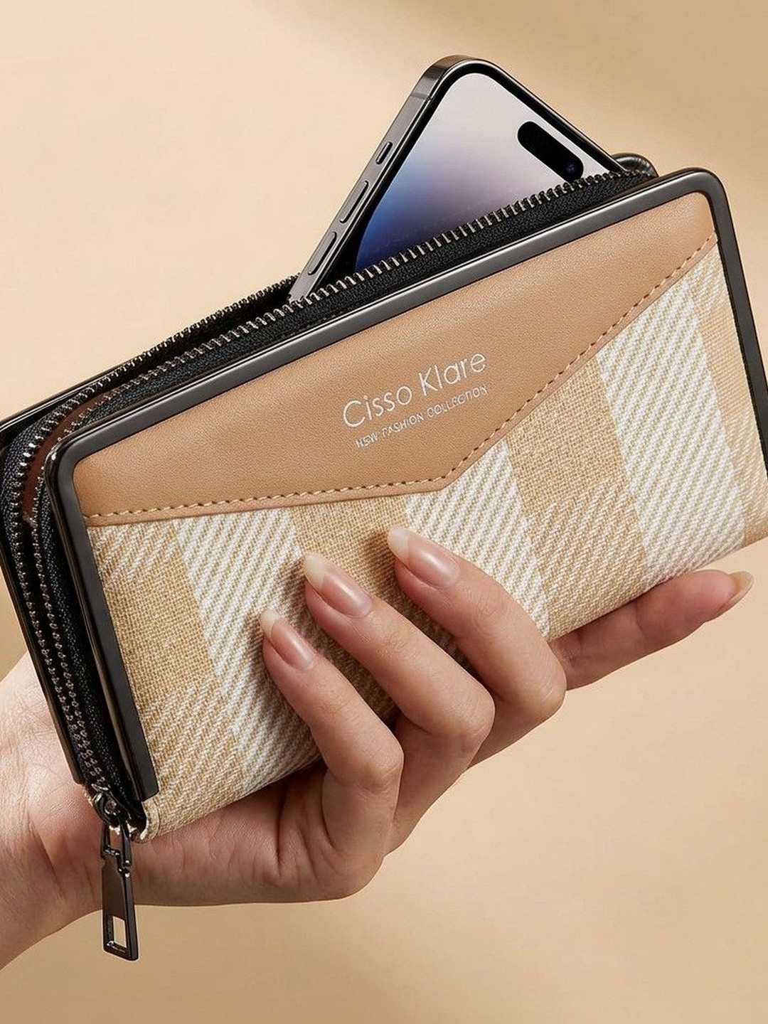 HotGown Women Checked Leather Zip Around Wallet