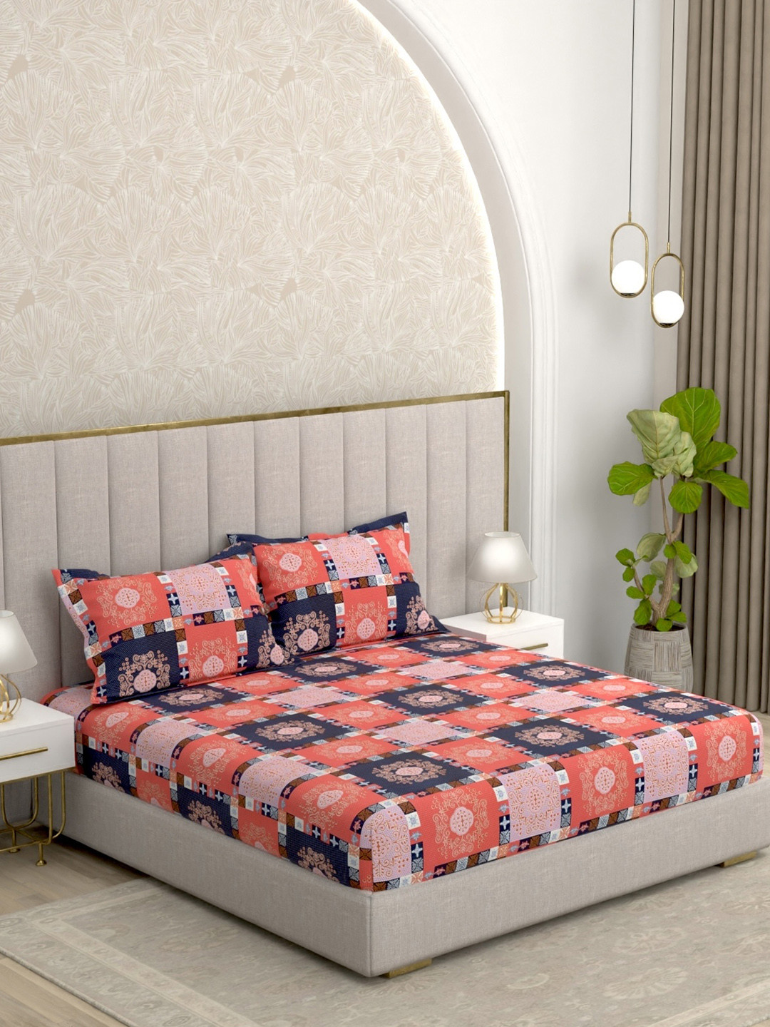 Pure Decor Pink Ethnic Cotton Feel Queen Double Bed Bedsheet With 2 Pillow Cover 228X254Cm