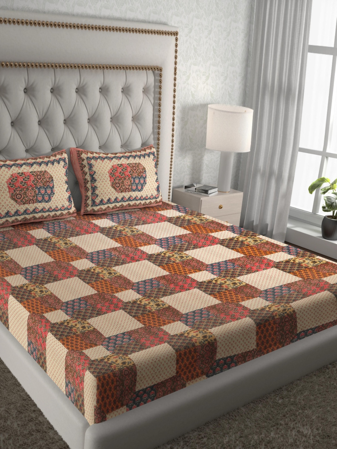 Aura Red Ethnic Motifs Pure Cotton 120 TC Queen Bedsheet with 2 Pillow Covers-93 x 85 inches