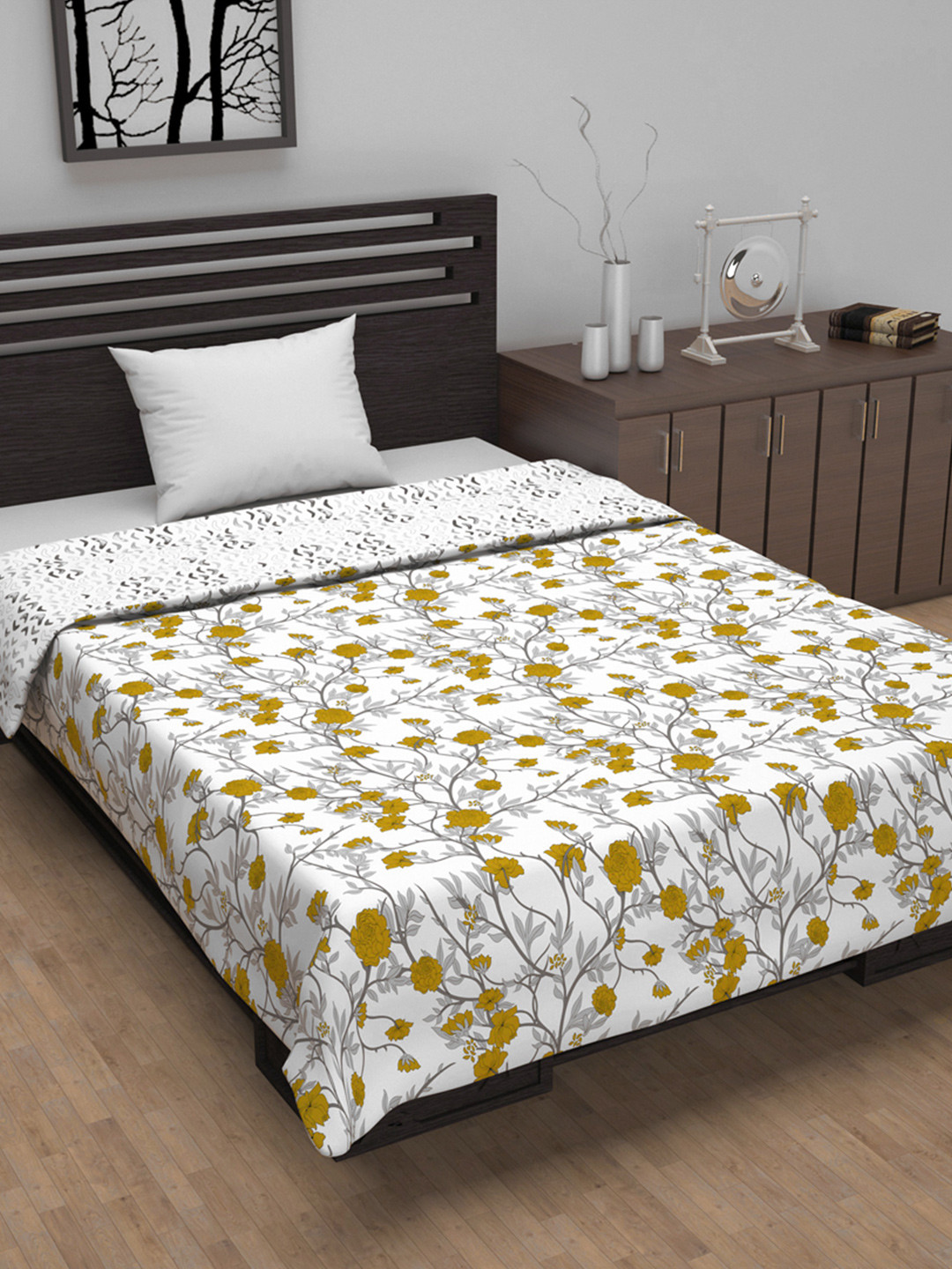Divine Casa Mustard White Floral Cotton AC Room 120 GSM Single Bed Dohar Blanket