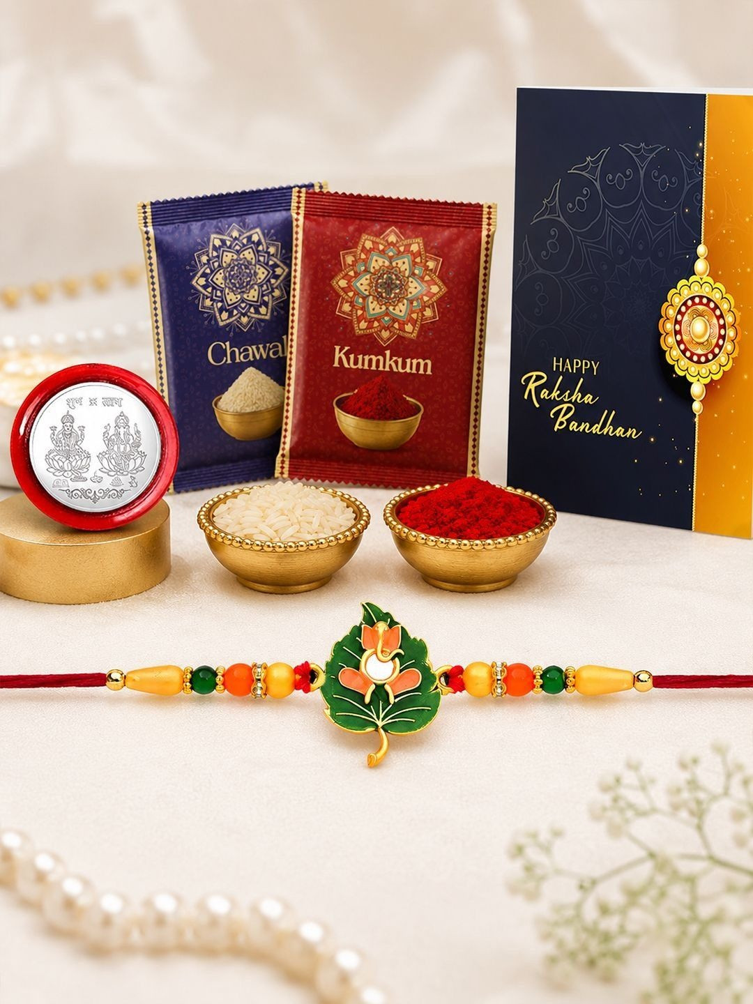 DeoDap Rakhi for Brother With Greeting Card & Roli-Chawal & Silver colour coin