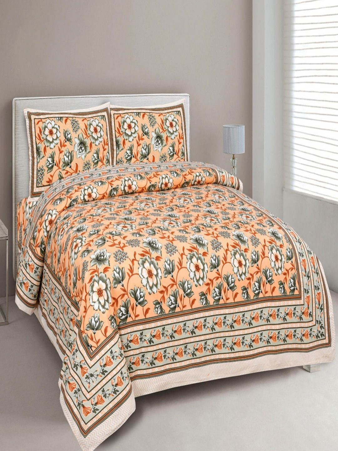 Myntra Elegant Homes Passion Fur Orange Floral Cotton 180 TC King Fine Bedsheet with 2 Pillow Covers-274 x 254 cm