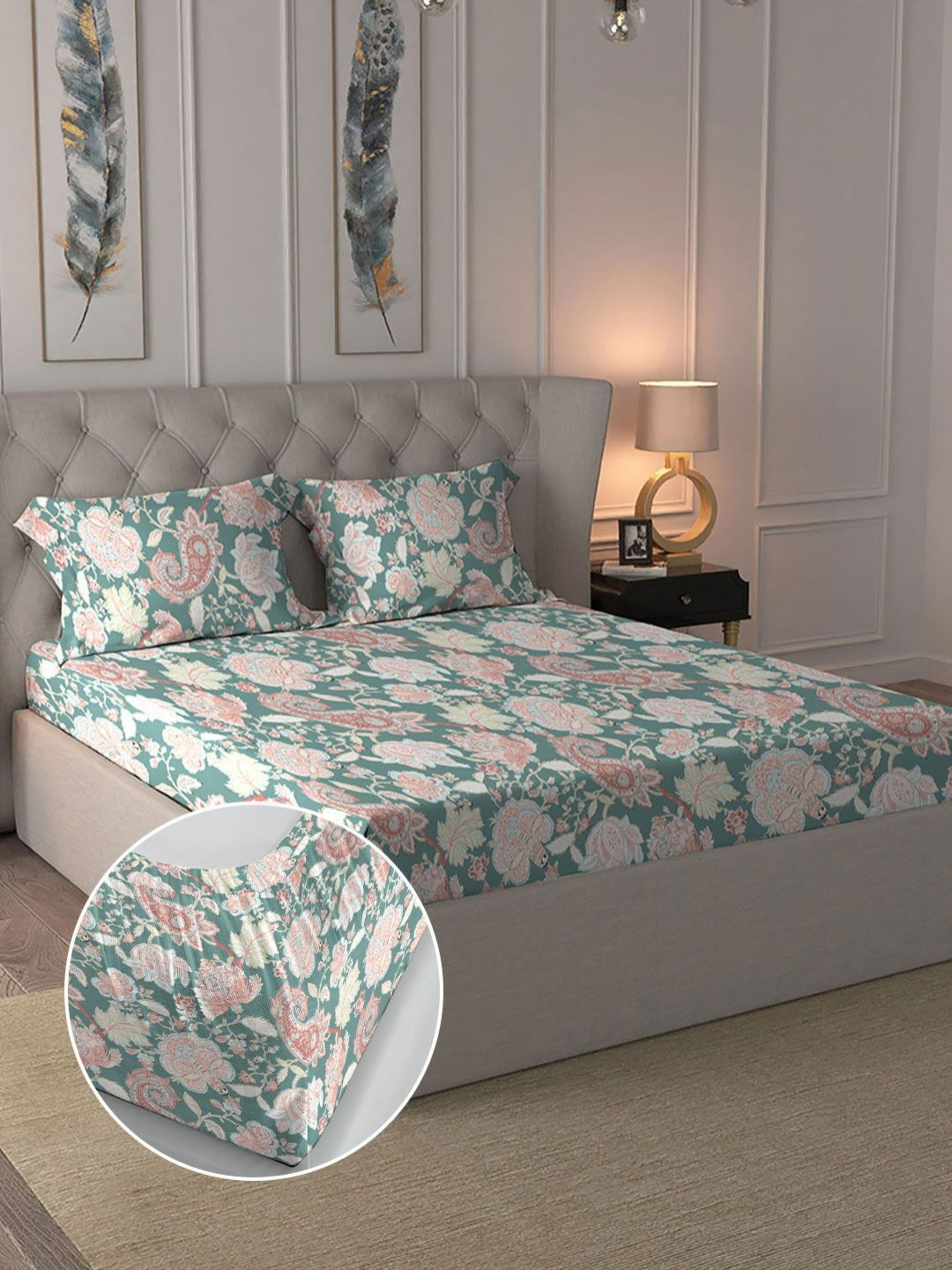 MYTRIDENT Green & Pink Floral 144 TC King Bedsheet with 2 Pillow Covers