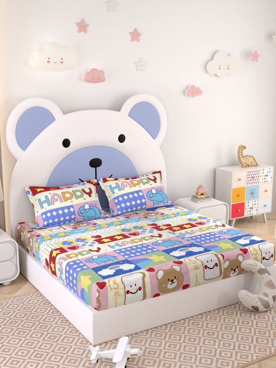 Pure Decor Kids Cartoon Print Cotton Feel Double Bed Bedsheet & 2 Pillow Cover 228X254Cm