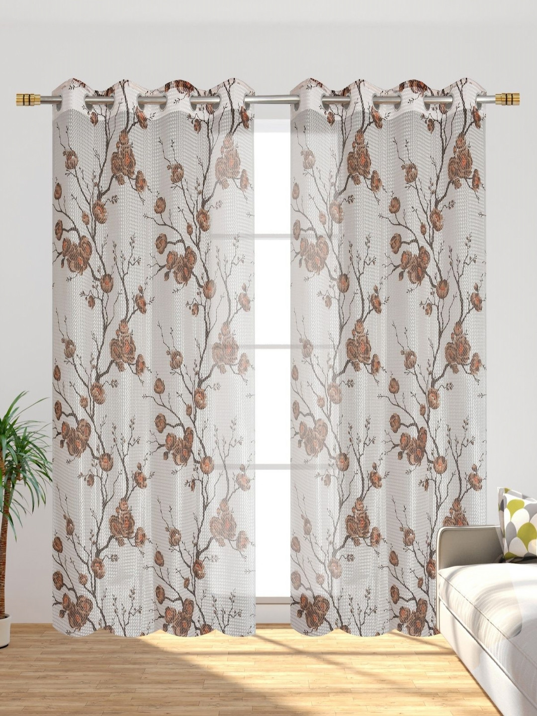 Galaxy Home Decor Coffee Brown Set of 2 Floral Sheer Window Curtain