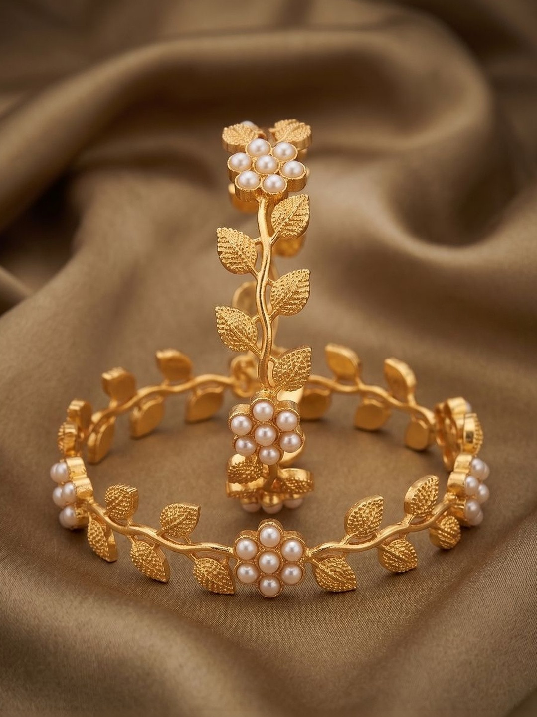 Nui Set of 2 Gold-Plated Stone Studded & Beaded Bangles