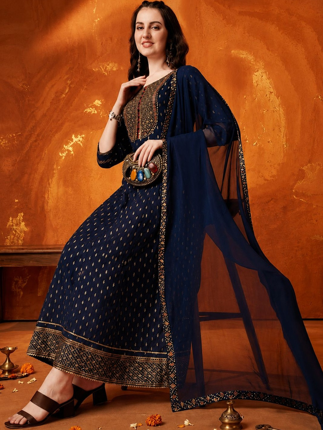 QUEENSFAB Women Ethnic Motifs Printed Regular Thread Work Kurta with Trousers & With Dupatta