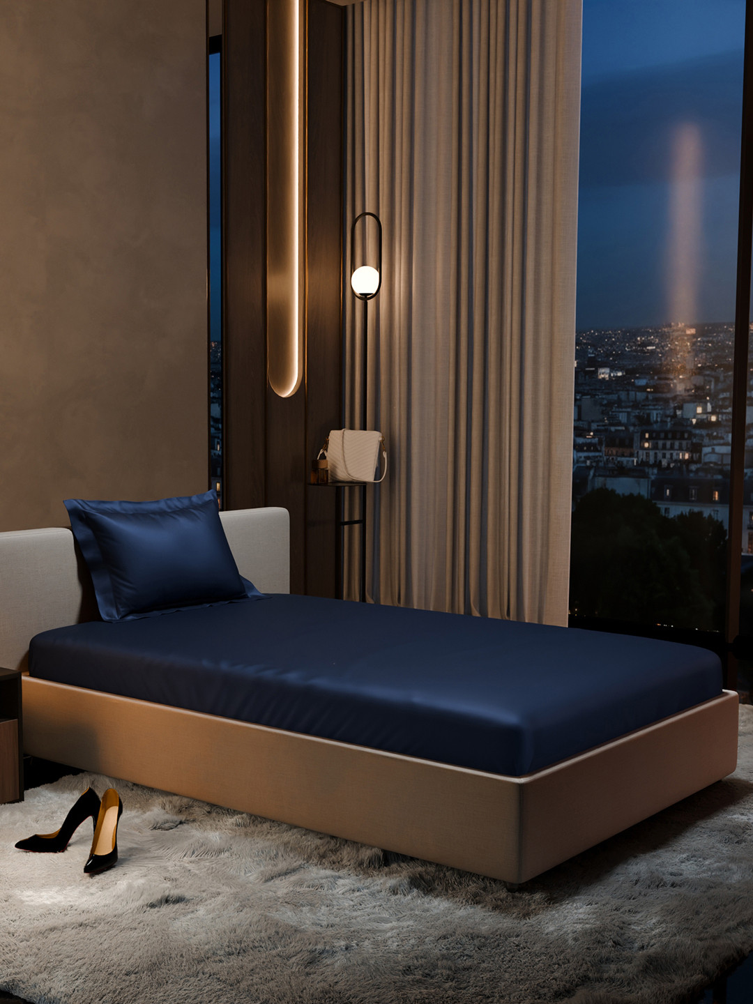 Stoa Paris Date Night Navy Blue Polyester 300 TC Fitted Single Fine Bedsheet with a Pillow Cover-42 x 72 inches